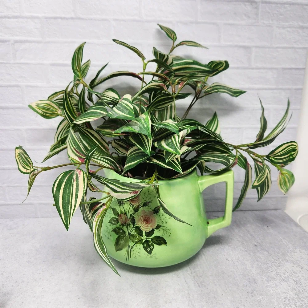 Green & Pink Ceramic Jug Pitcher Vase with Rose Floral Pattern, Cottage Flowers